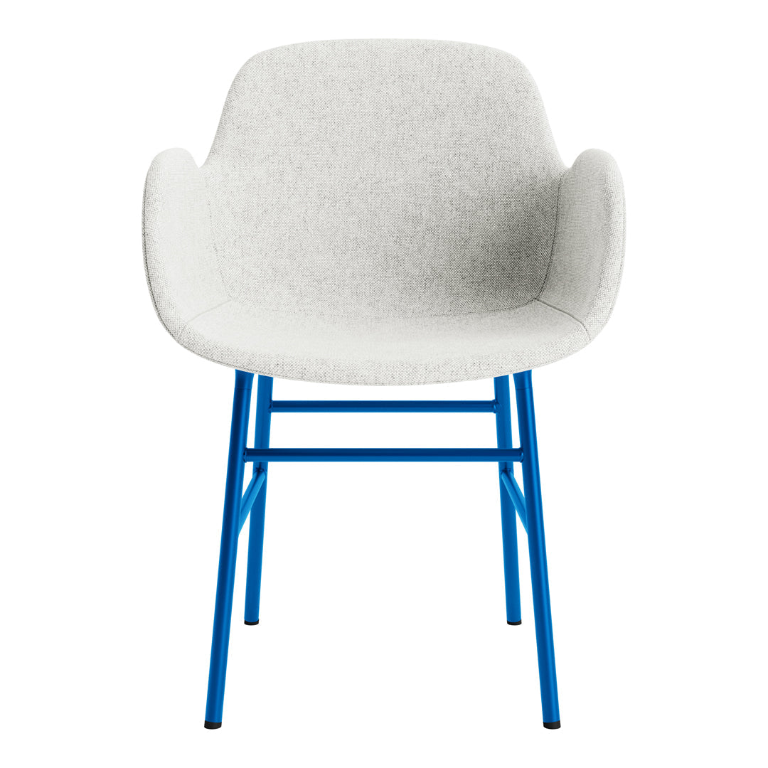 Light gray upholstered chair with a vibrant blue metal frame. Modern design, sleek and stylish for any space.