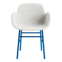 Light gray upholstered chair with a vibrant blue metal frame. Modern design, sleek and stylish for any space.