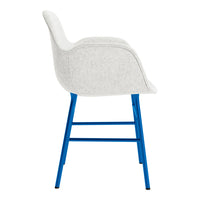 Light gray upholstered chair with a vibrant blue metal frame. Sleek and modern design.