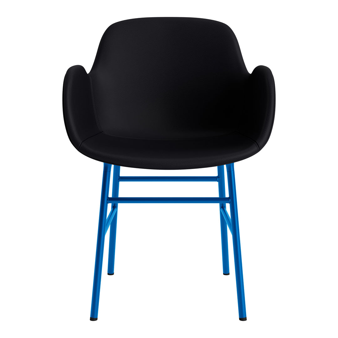 Black modern chair with a sleek design and vibrant blue metal legs, perfect for contemporary interiors.