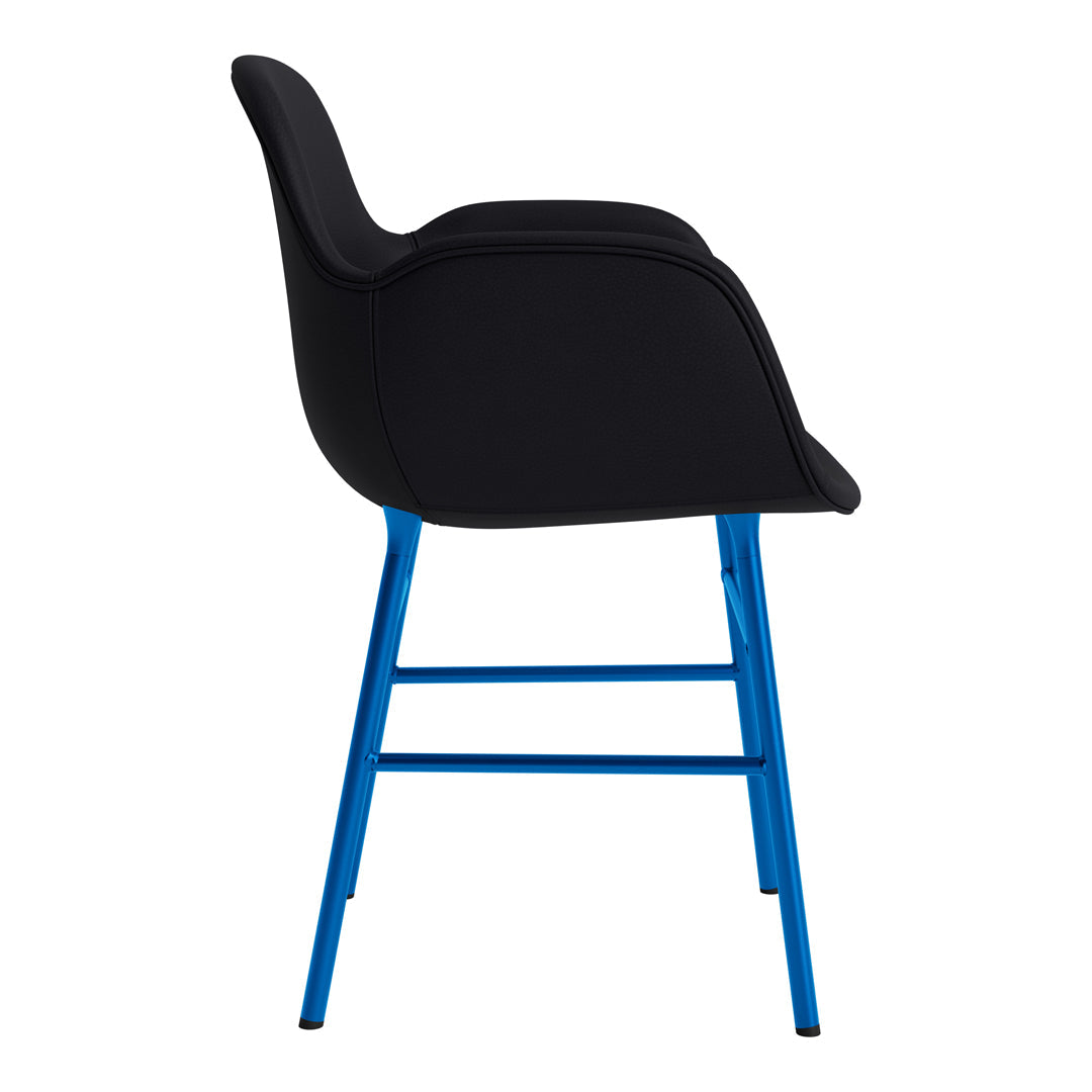 Black upholstered chair with a bright blue metal frame, showcasing a modern design and sleek lines.
