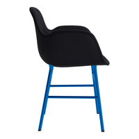Black upholstered chair with a bright blue metal frame, showcasing a modern design and sleek lines.