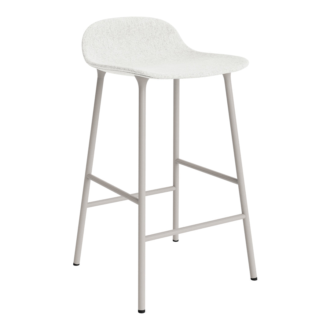 White bar stool with a textured seat and light gray metal legs, creating a clean, modern aesthetic.