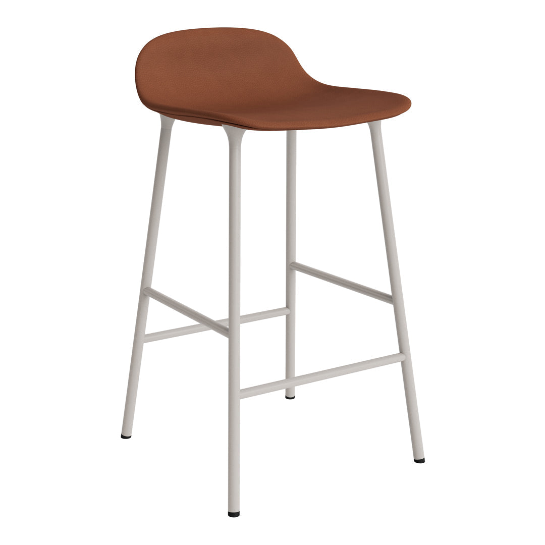 Brown seat bar stool with a sleek white metal frame, featuring a minimalist design and smooth contours.