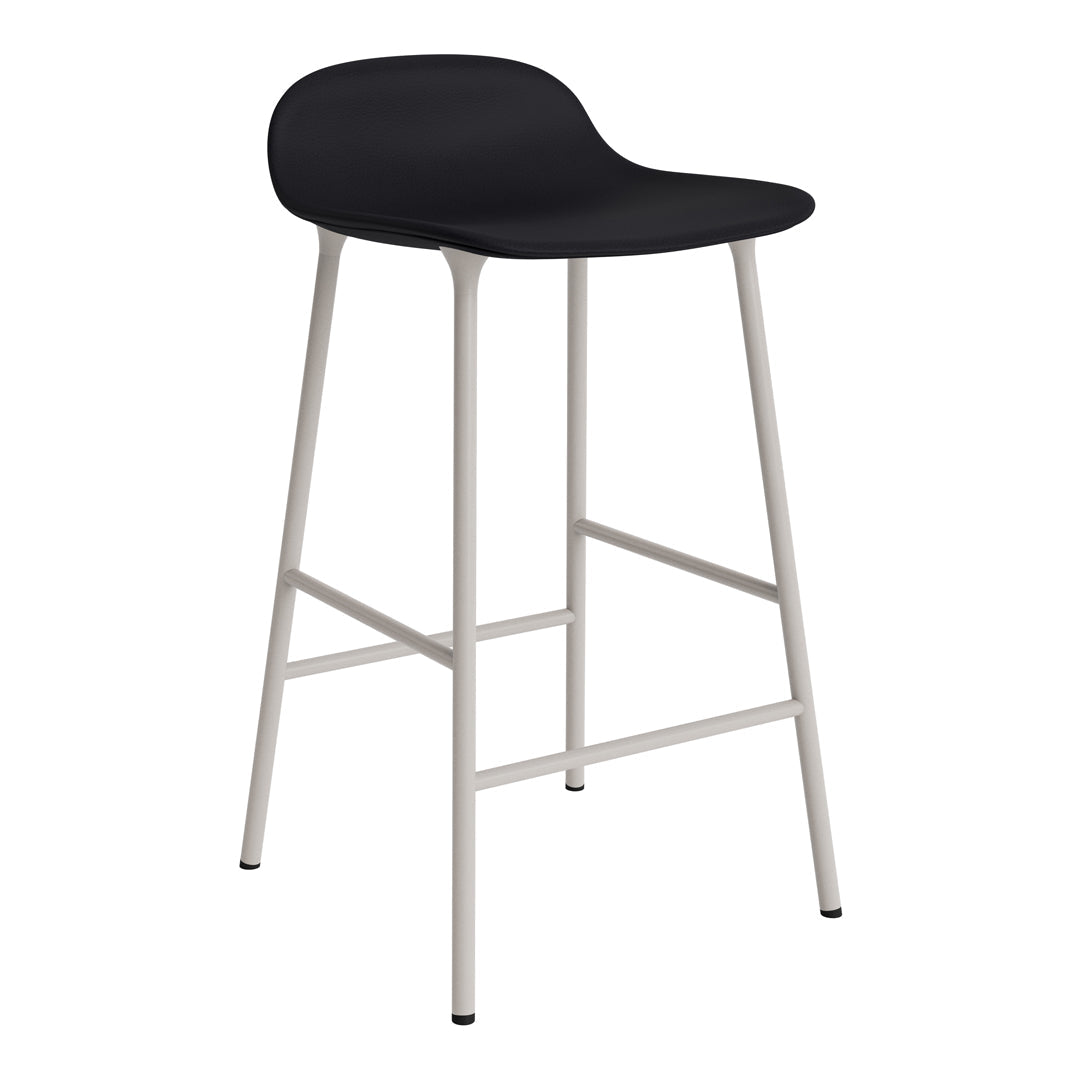 Black bar stool with a smooth seat and a sleek silver metal frame. Perfect modern design for any space.