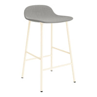 Gray upholstered bar stool with a minimalist off-white frame, ideal for modern kitchen or dining spaces.