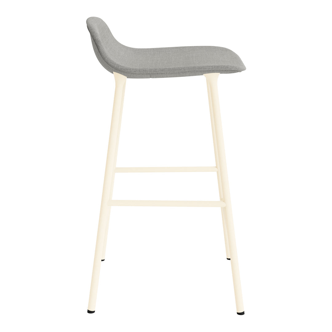 Gray upholstered bar stool with a minimalistic white frame and sleek design. Perfect for modern interiors.