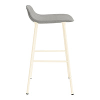 Gray upholstered bar stool with a minimalistic white frame and sleek design. Perfect for modern interiors.