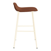 Brown upholstered bar stool with a sleek cream-colored frame, featuring a minimalist design.