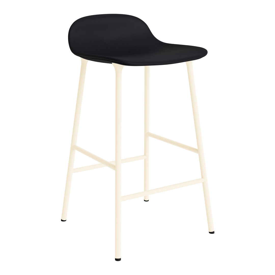 Black bar stool with a smooth seat and ivory metal legs, featuring a sleek, modern design.