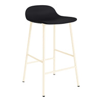 Black bar stool with a smooth seat and ivory metal legs, featuring a sleek, modern design.