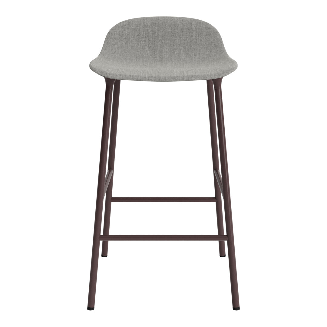 Gray upholstered bar stool with a sleek metal frame, featuring a modern, minimalist design.