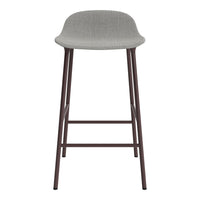 Gray upholstered bar stool with a sleek metal frame, featuring a modern, minimalist design.