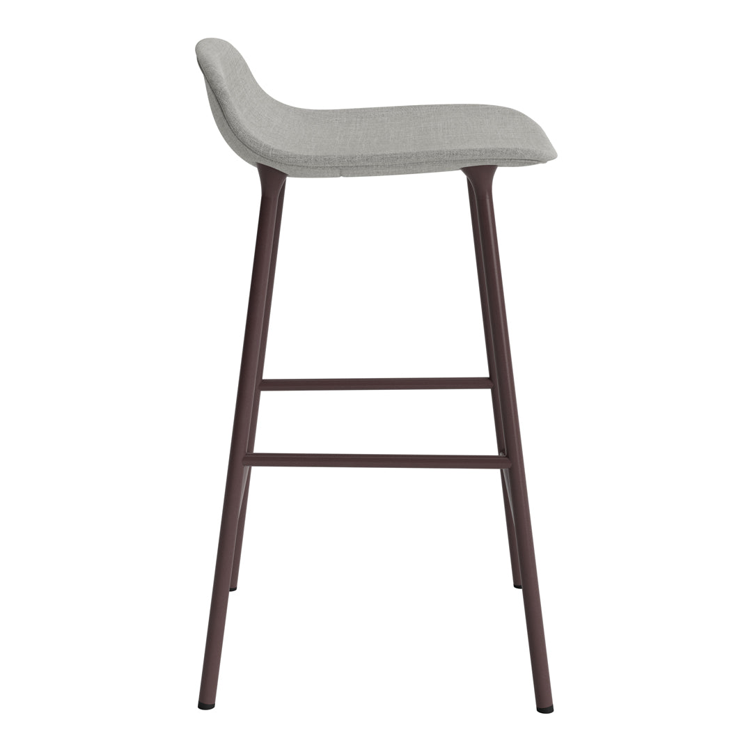 Gray upholstered bar stool with a sleek brown metal frame, featuring a minimalist and modern design.