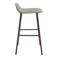 Gray upholstered bar stool with a sleek brown metal frame, featuring a minimalist and modern design.