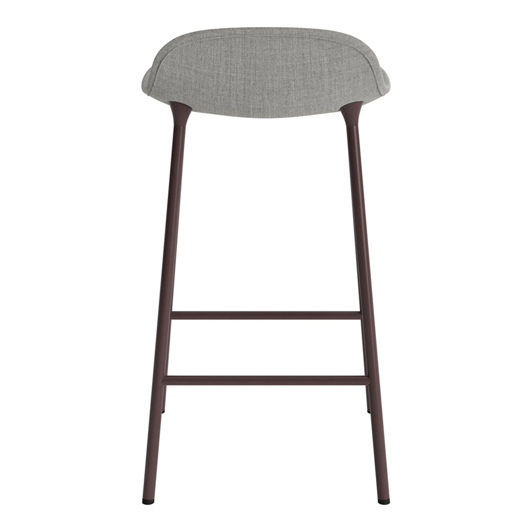 Grey upholstered bar stool with a minimalist design and dark brown metal legs. Simple, modern pattern.
