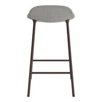 Grey upholstered bar stool with a minimalist design and dark brown metal legs. Simple, modern pattern.