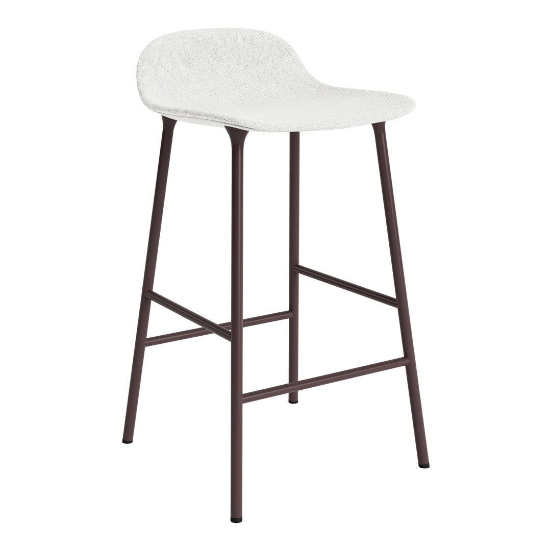 White upholstered bar stool with a smooth seat and dark brown metal legs, featuring a minimalist design.