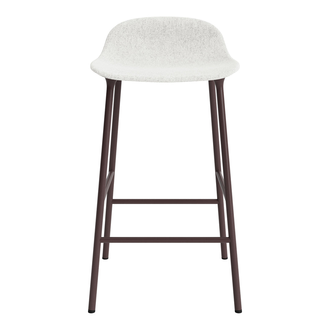 Modern bar stool in white with a textured seat and a sleek brown metal frame. Perfect for contemporary spaces.