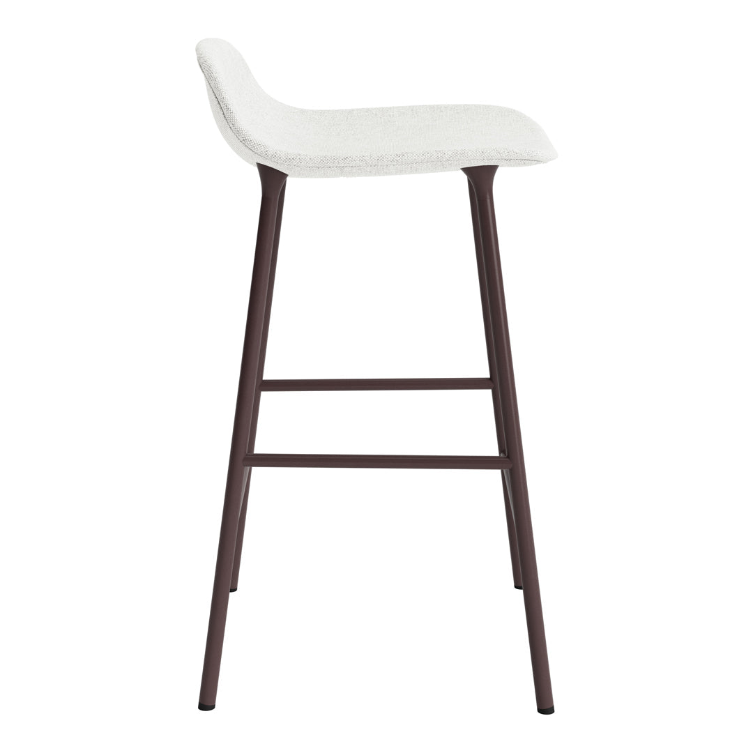 White upholstered bar stool with a smooth seat and dark brown wooden legs in a minimalist design.