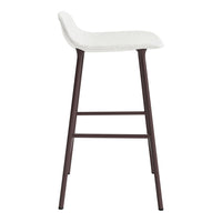 White upholstered bar stool with a smooth seat and dark brown wooden legs in a minimalist design.