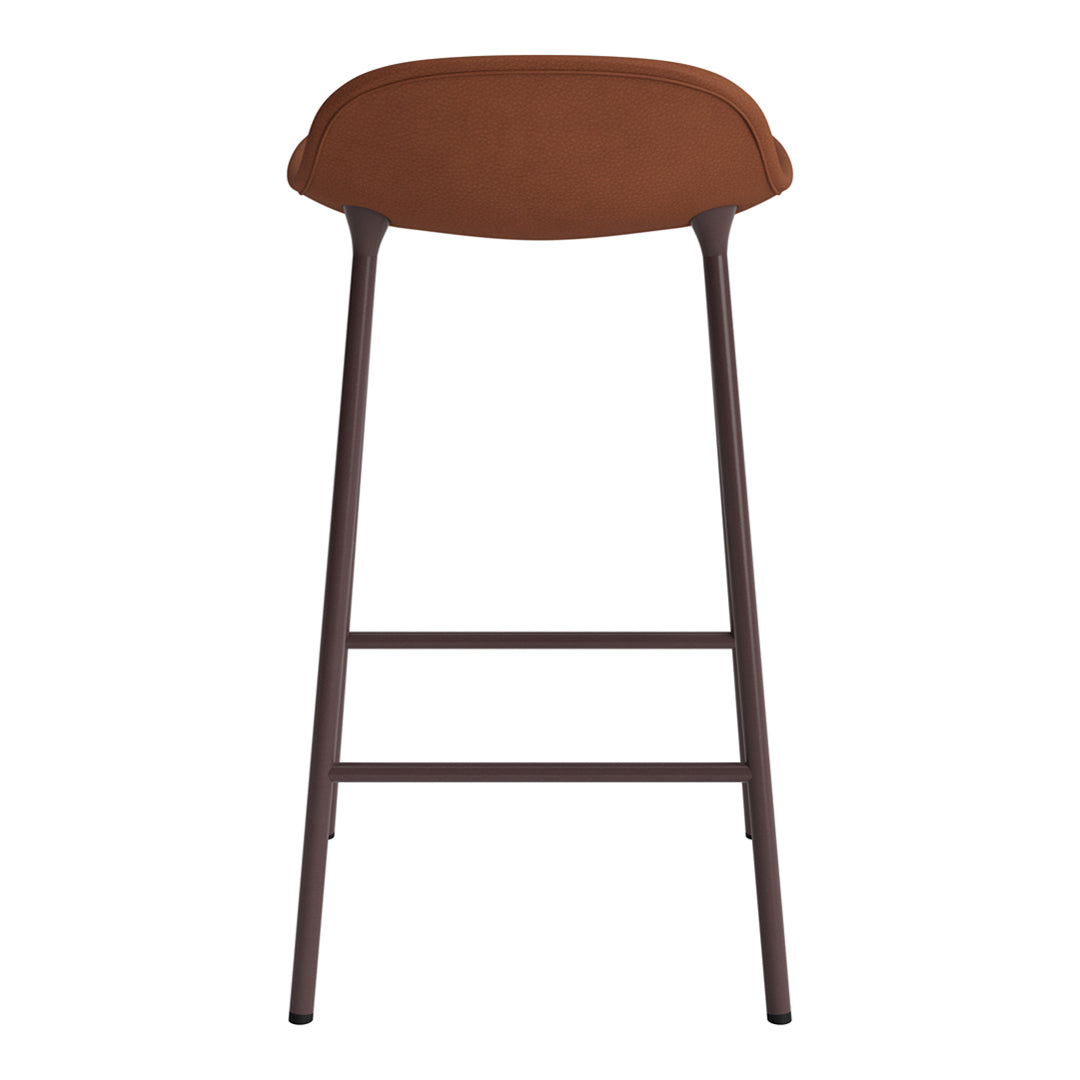 Brown upholstered bar stool with a sleek dark metal frame, featuring a smooth, minimalist design.