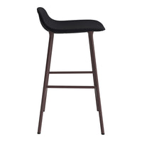 Black upholstered bar stool with a smooth finish and dark brown wooden legs, featuring a sleek, modern design.