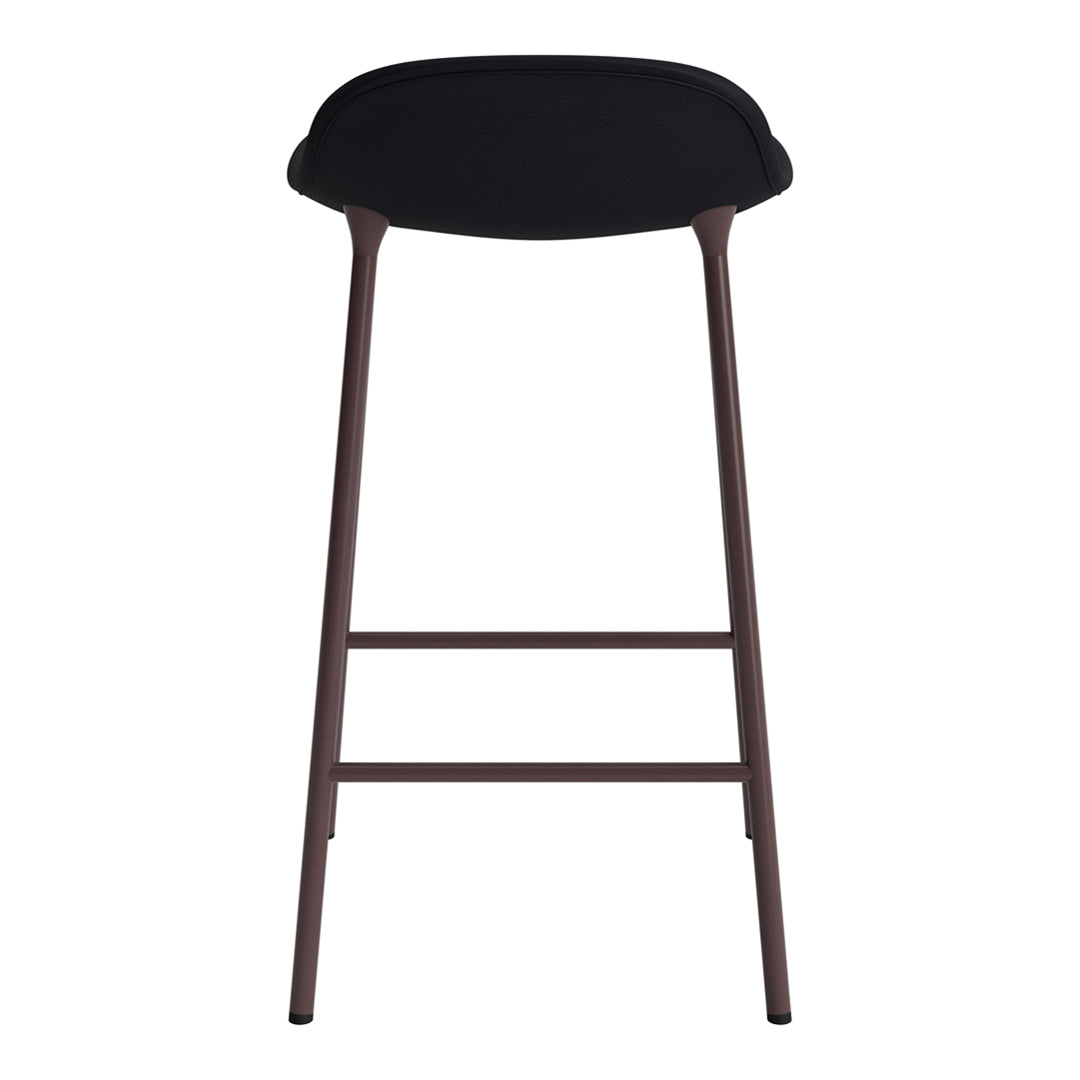 Black upholstered bar stool with sleek brown metal legs, featuring a minimalist design and smooth, modern lines.