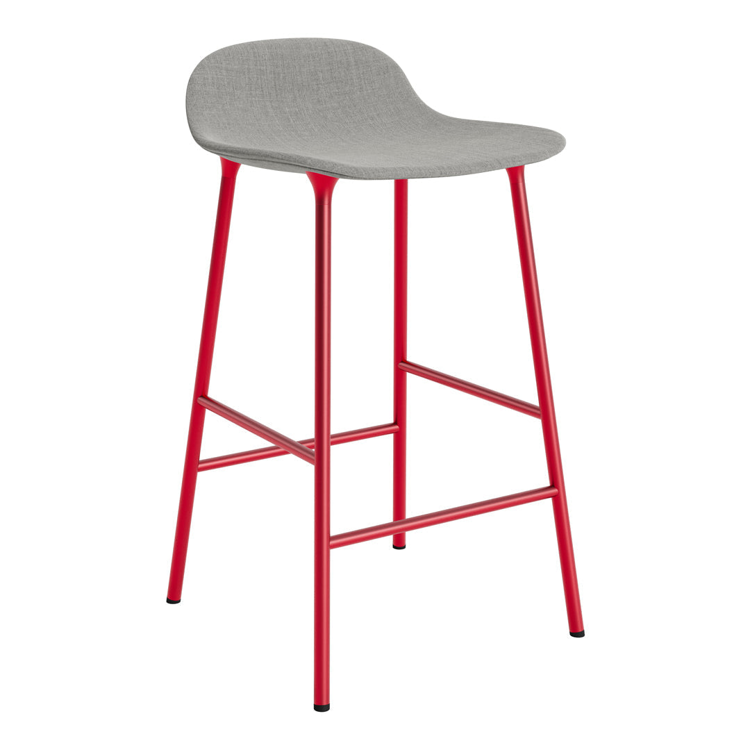 Gray upholstered bar stool with vibrant red metal legs, modern design perfect for any stylish space.