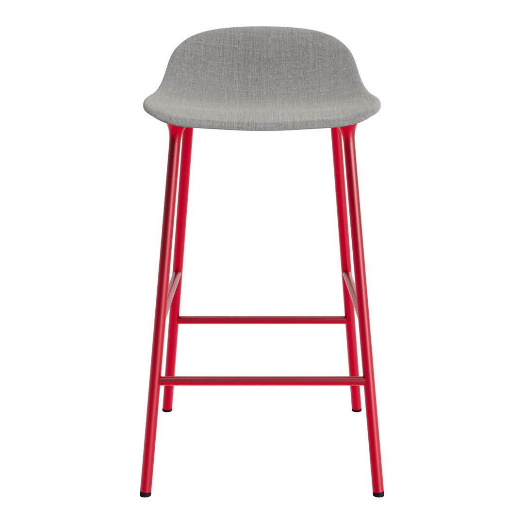 Gray upholstered barstool with vibrant red metal legs, featuring a sleek, modern design.