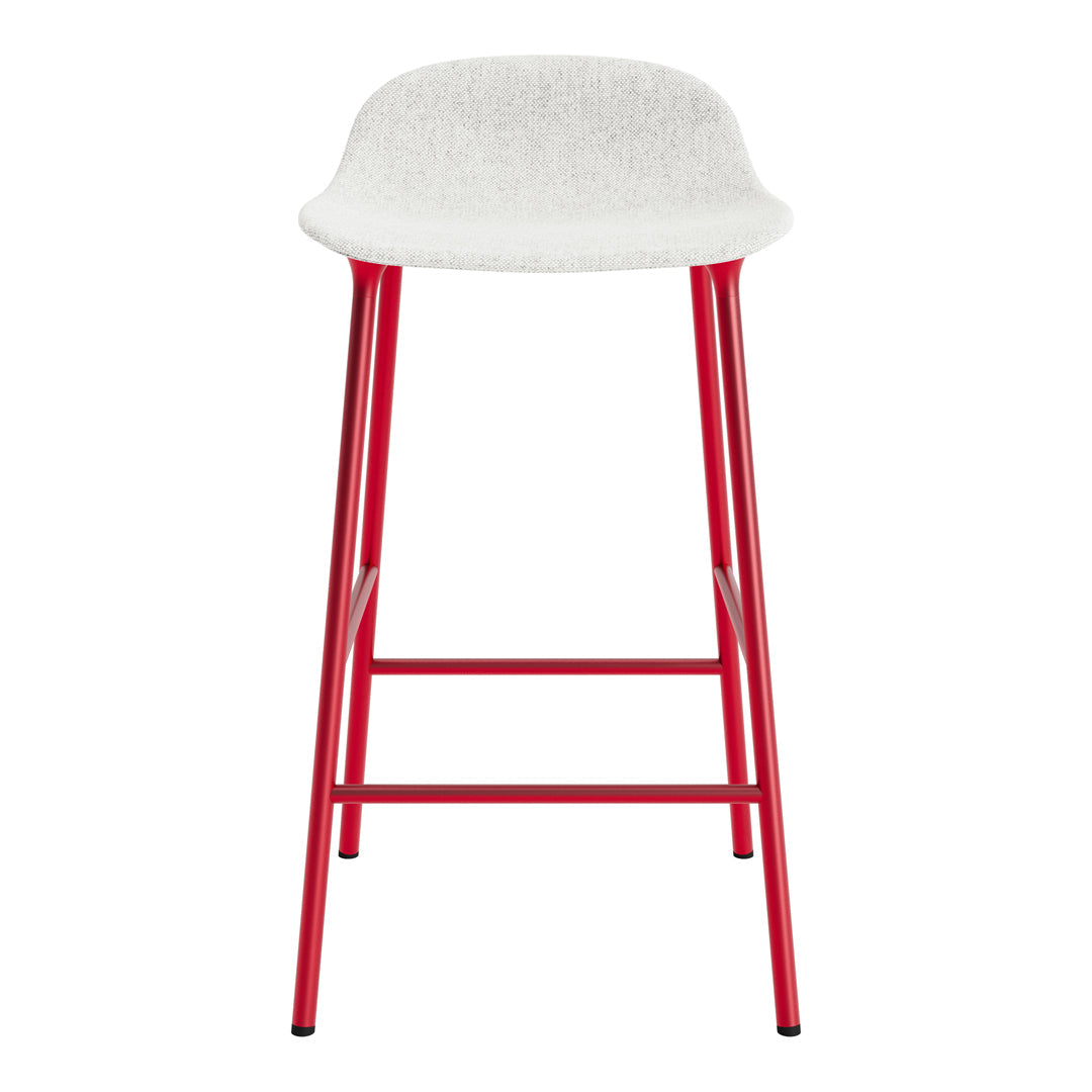 White upholstered bar stool with a vibrant red metal frame, featuring a sleek, modern design.