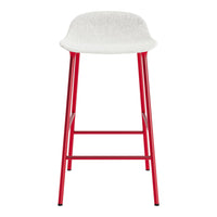 White upholstered bar stool with a vibrant red metal frame, featuring a sleek, modern design.