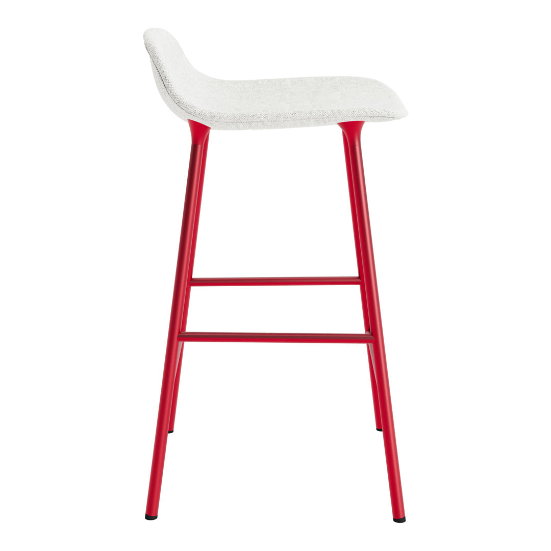 Red metal bar stool with a white upholstered seat, featuring a modern and minimalist design.