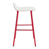 Red metal bar stool with a white upholstered seat, featuring a modern and minimalist design.