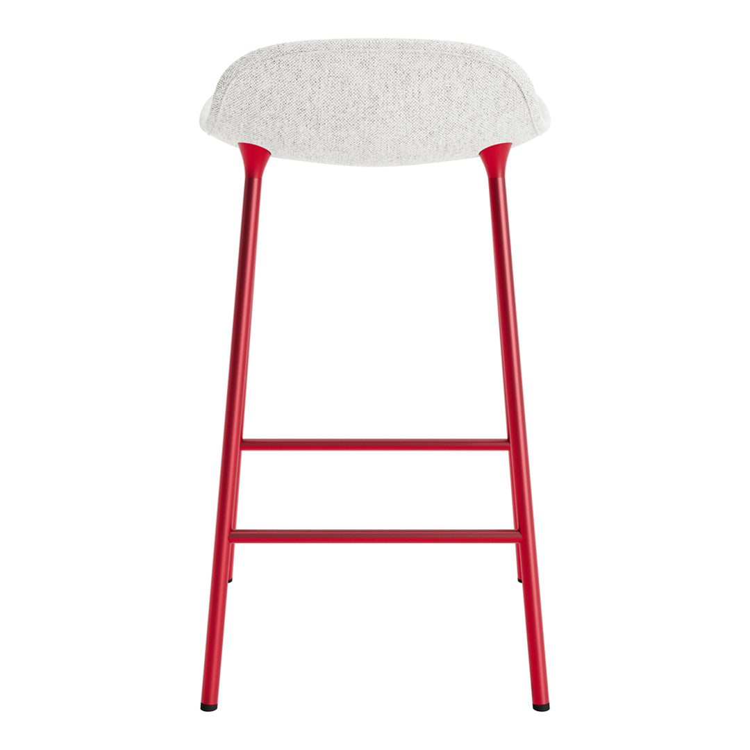 Red metal bar stool with a textured white seat, offering a modern and vibrant look. Perfect for contemporary decor.