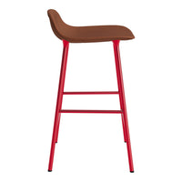 Red bar stool with a sleek, curved brown seat, adding a modern touch to any space. Perfect for vibrant interiors.