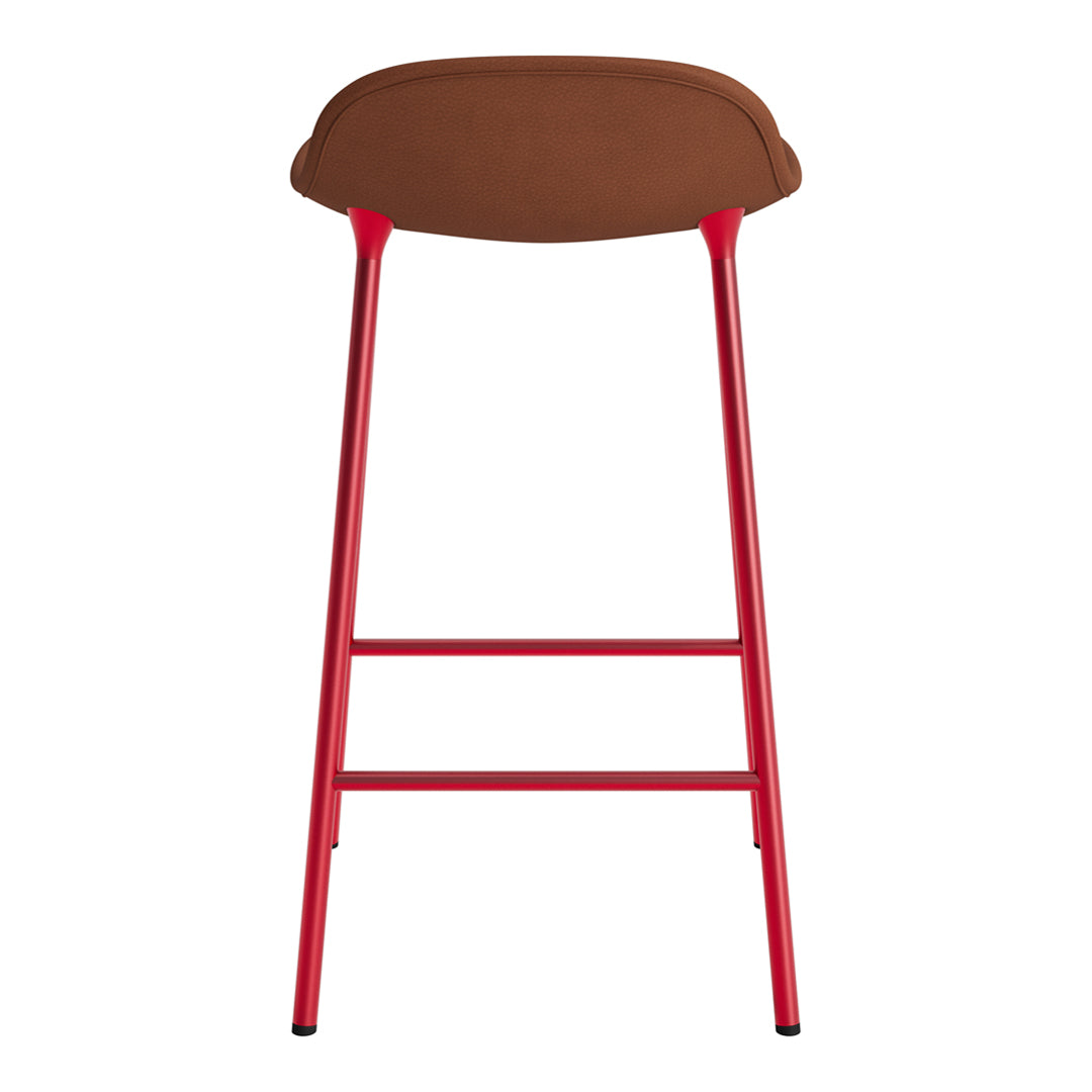 Red metal bar stool with a brown cushioned seat, featuring a sleek, modern design. Ideal for contemporary spaces.