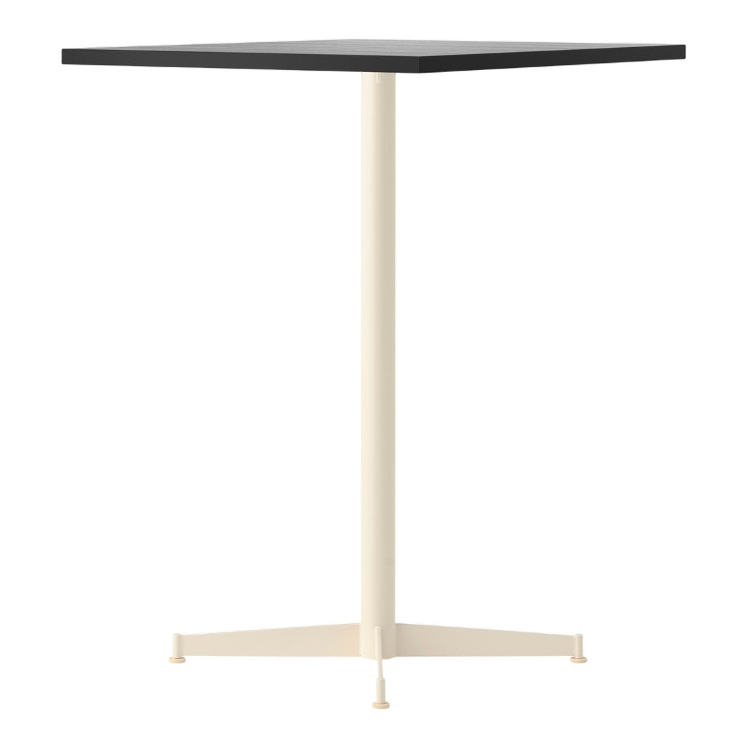 Black square tabletop on a cream-colored pedestal base, sleek and modern design for contemporary spaces.
