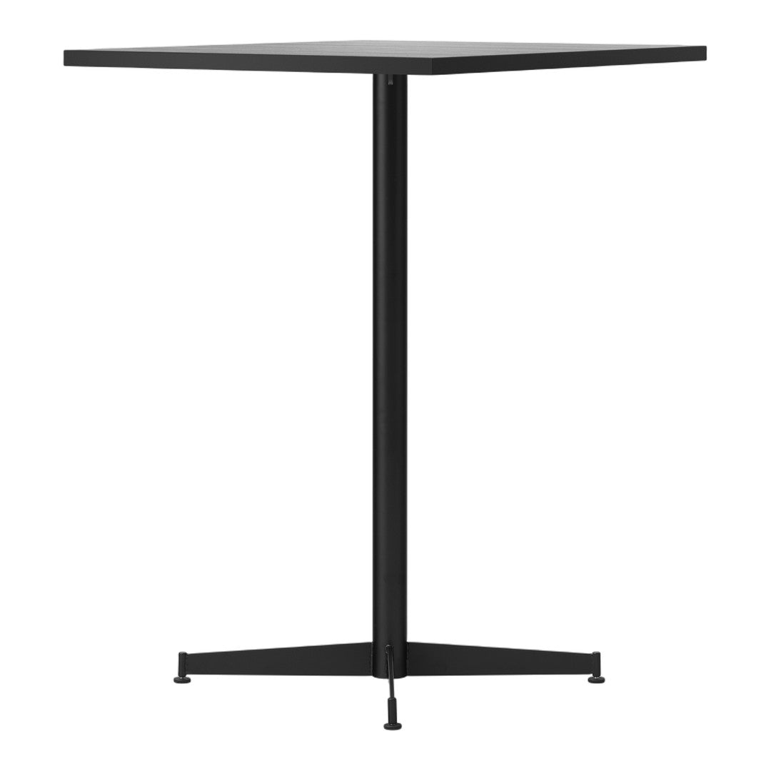 Black square table with a sleek, minimalist design and a sturdy, geometric metal base.