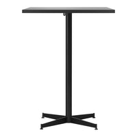 Black square bar table with a sleek, minimalist design and a sturdy cross base. Perfect for modern decor.