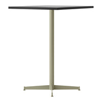 Square black tabletop with a sleek light olive green metal base, perfect for modern decor.