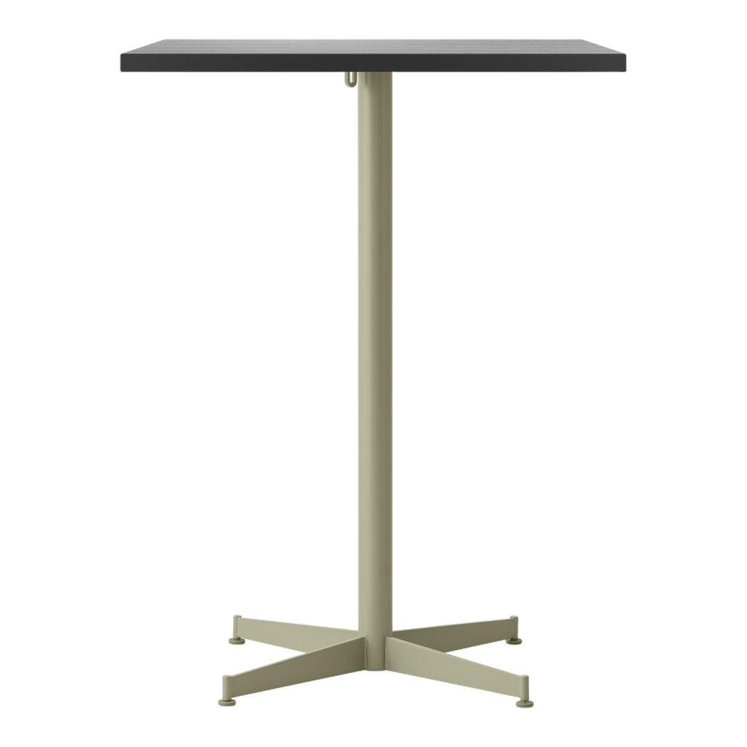 Black square tabletop with a sleek beige pedestal base, minimalistic and modern design. Ideal for contemporary spaces.