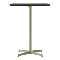 Black square tabletop with a sleek beige pedestal base, minimalistic and modern design. Ideal for contemporary spaces.