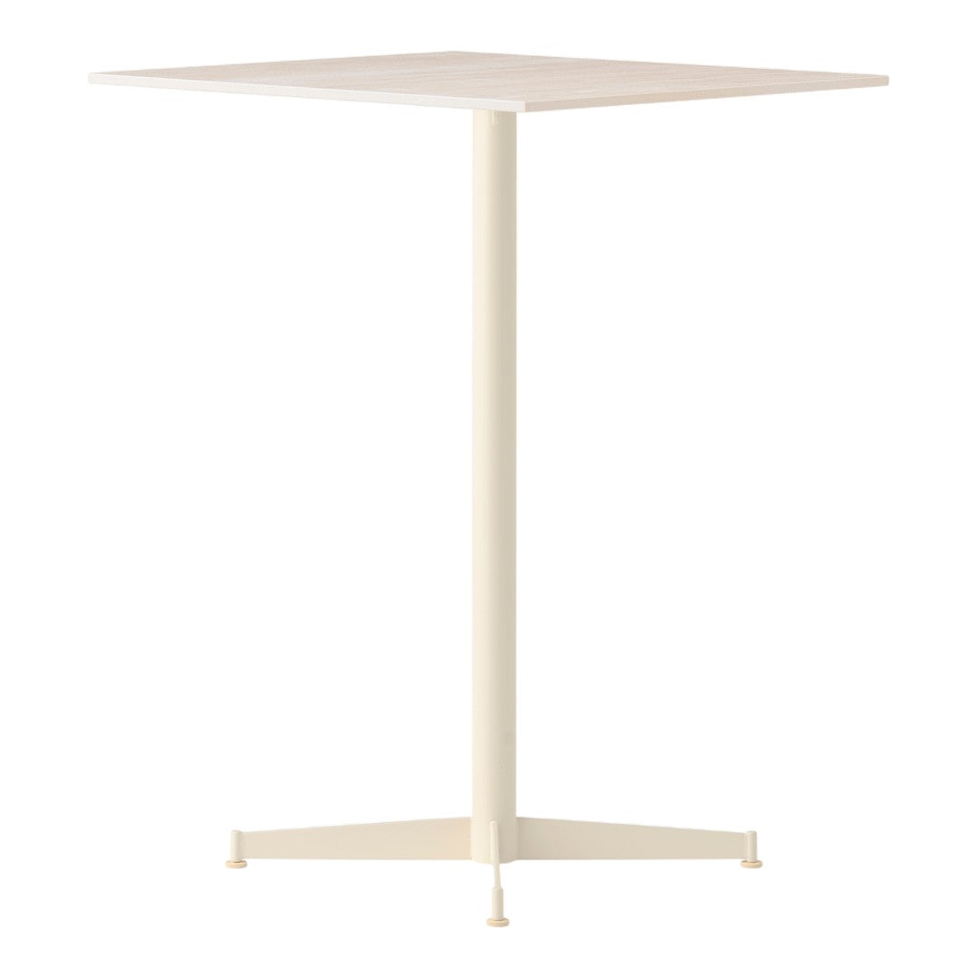 Square, cream-colored table with a minimalist design and smooth surface, perfect for modern decor.
