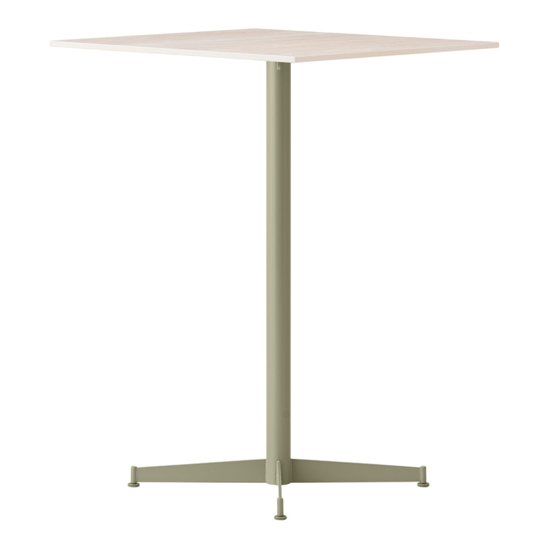 Square table with a light beige top and a muted green metal base, featuring a minimalist design.