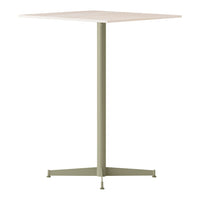 Square table with a light beige top and a muted green metal base, featuring a minimalist design.