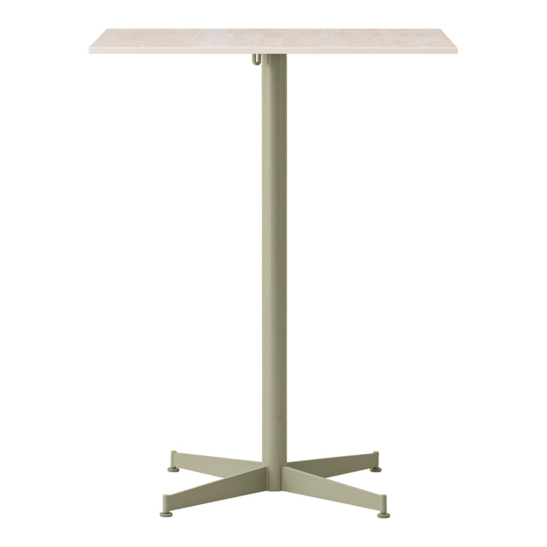 Light wood tabletop with a muted green metal base, featuring a simple, modern design. Ideal for any setting.