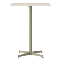 Light wood tabletop with a muted green metal base, featuring a simple, modern design. Ideal for any setting.