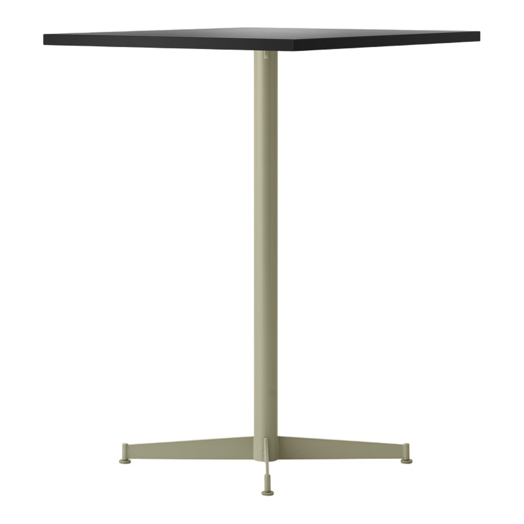 Modern black square tabletop with a minimalist light green metal base. Ideal for contemporary settings.
