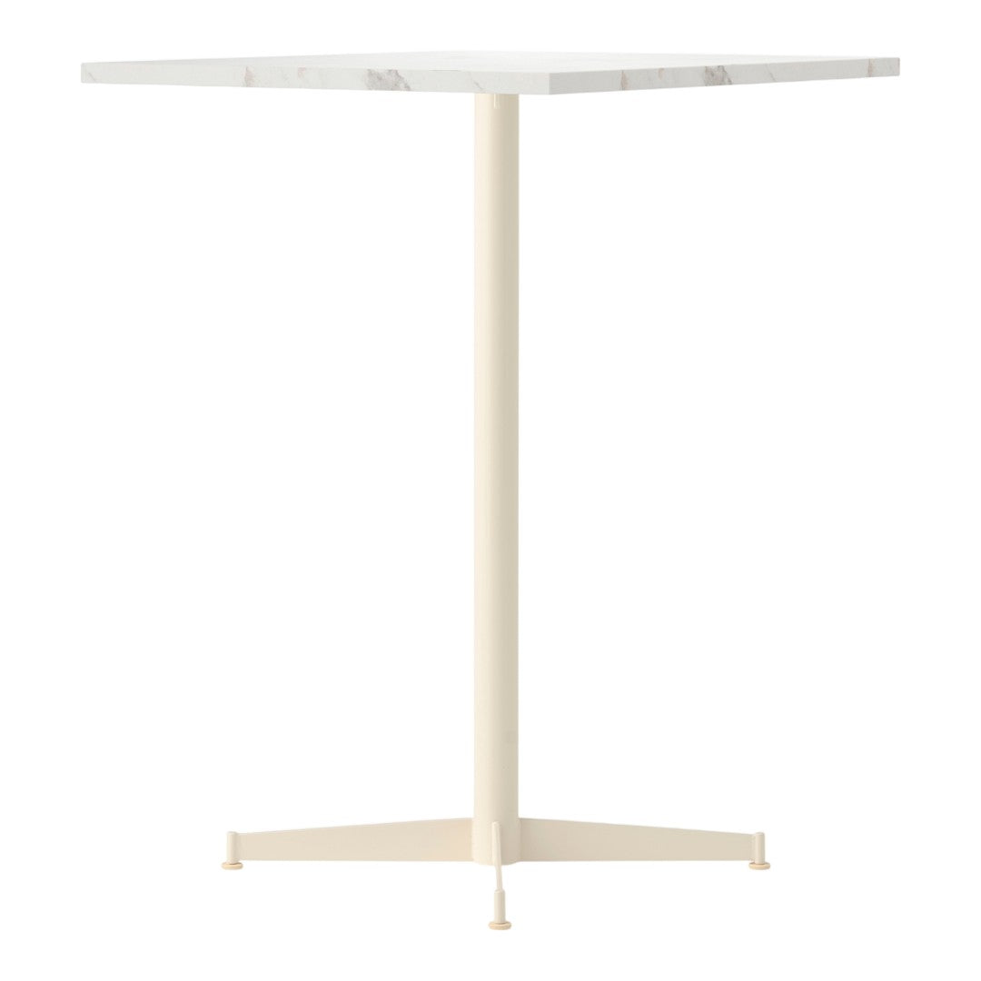 Modern square table with a white marble top and a sleek cream-colored base. Minimalist design for any space.